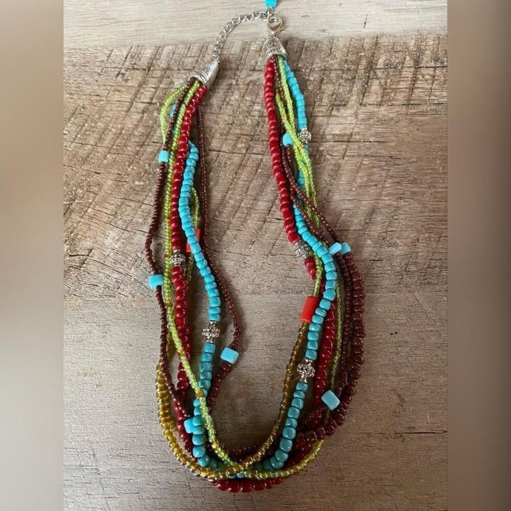 Multicolor Glass Beaded Multi Strand Necklace Layered Rhinestone 17 Inch